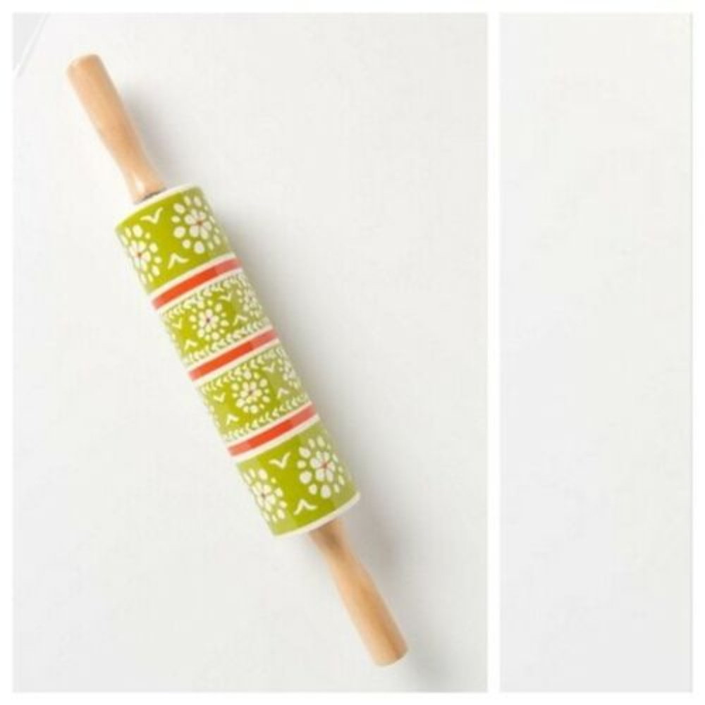 Anthropologie Floral Pattern Lime Green and Coral Rolling Pin